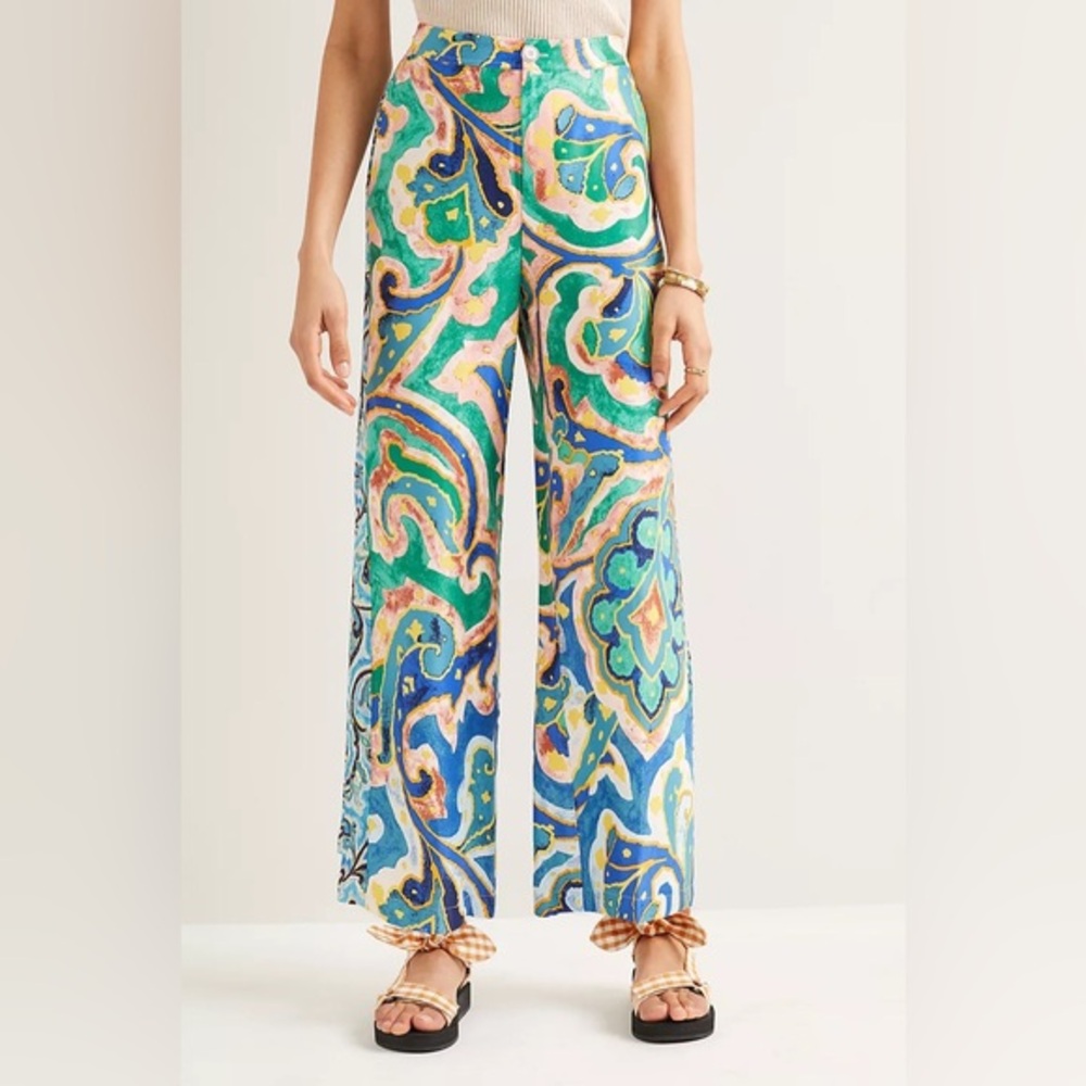 Anthropologie Maeve Rhiannon Colorful Printed Satin Cropped Flare Pants